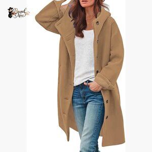 Wool Blend Pea Coat with Hood Single Breasted Trench Jacket